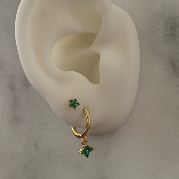 COPY - Gold Green Flower Crystal Dangle Huggie Hoop Earrings - Picture 2 of 2